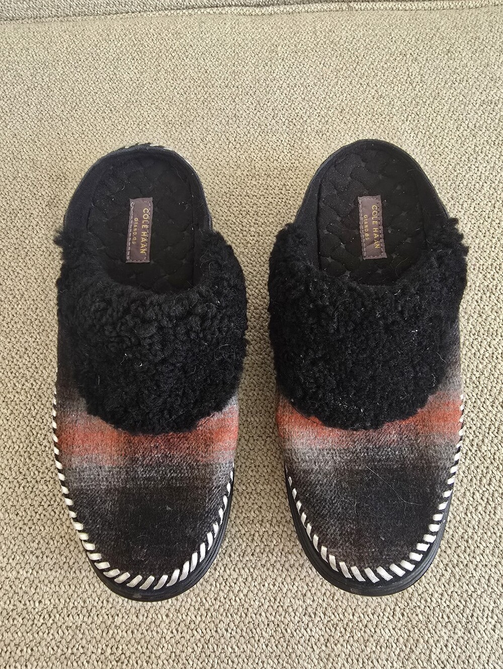 Cole Haan Grand.OS Blanket Stitch Striped Sherpa Mule Slippers Size 7 Like New